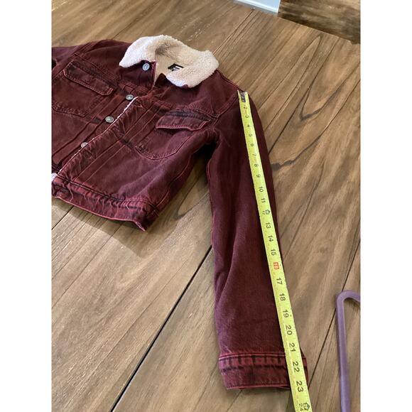 Hudson Faux Shearling shrunken Lola Trucker Jacket  burgandy cotton denim XS - Picture 4 of 9